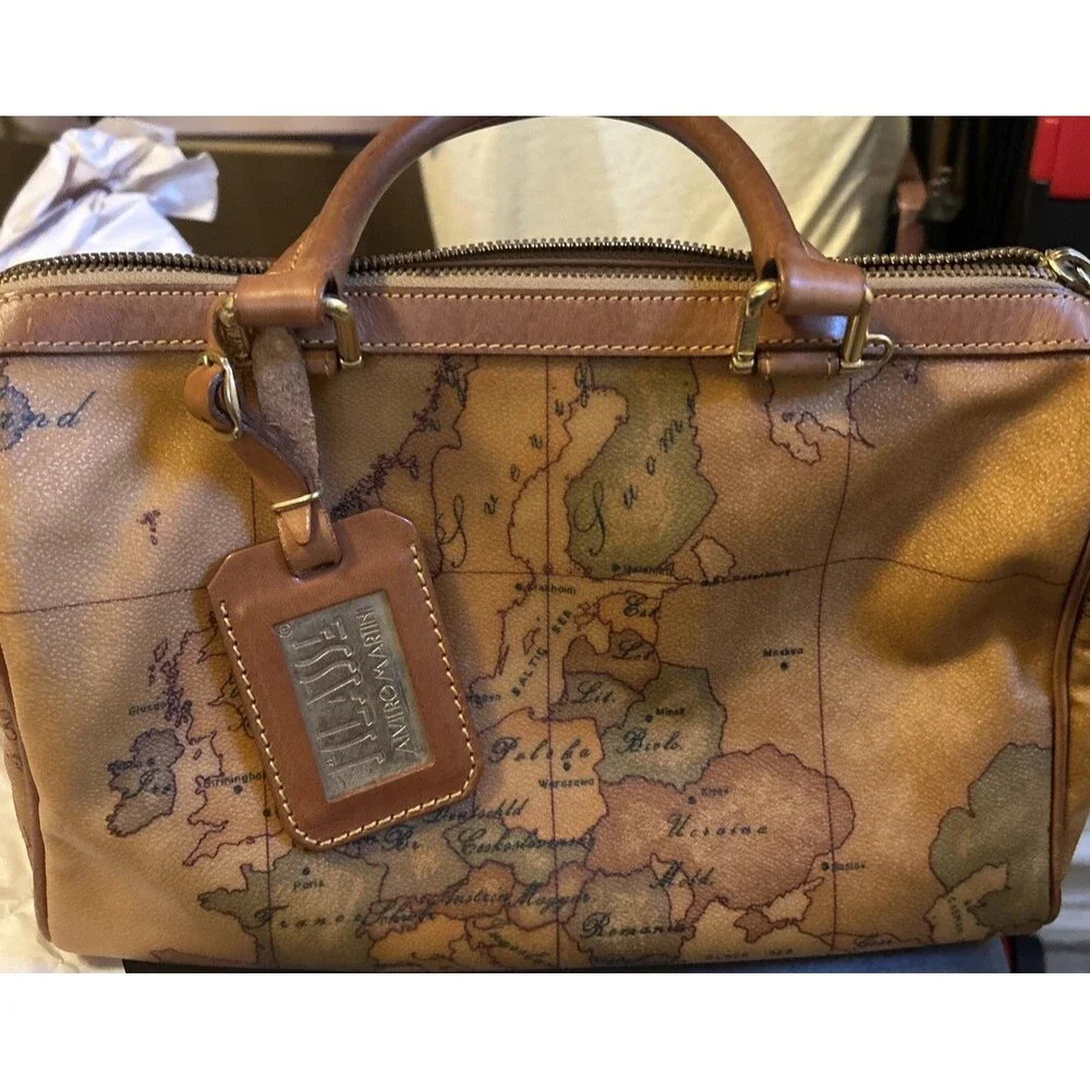 Alviero Martini World Geo Map Boston Satchel Italy canvas cognac leather good!